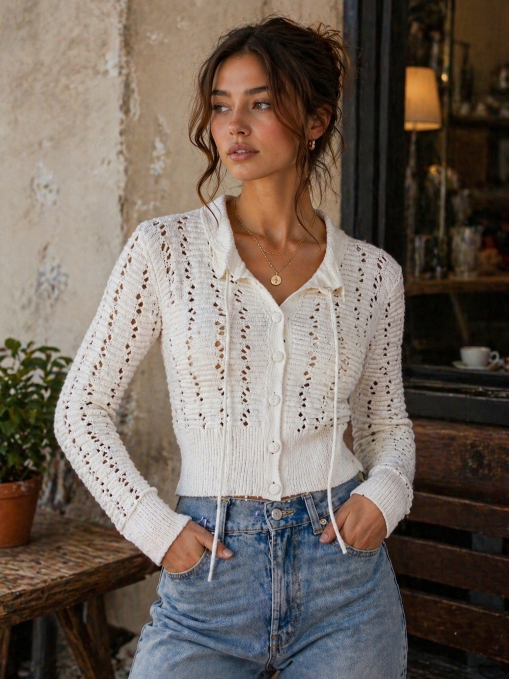 Cream Open Knit Cardigan Button Front |  Pointelle Sweater |  Cinched Waist Top